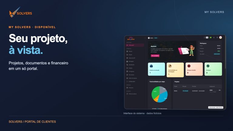 My Solvers: seu projeto, à vista. Tela demonstrativa do portal com dados fictícios da empresa Aurora.