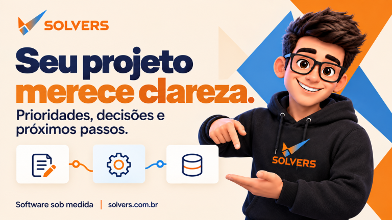 Solvinho apresenta a mensagem “Seu projeto merece clareza”, com destaque para prioridades, decisões e próximos passos e ícones conectados de processos e dados.